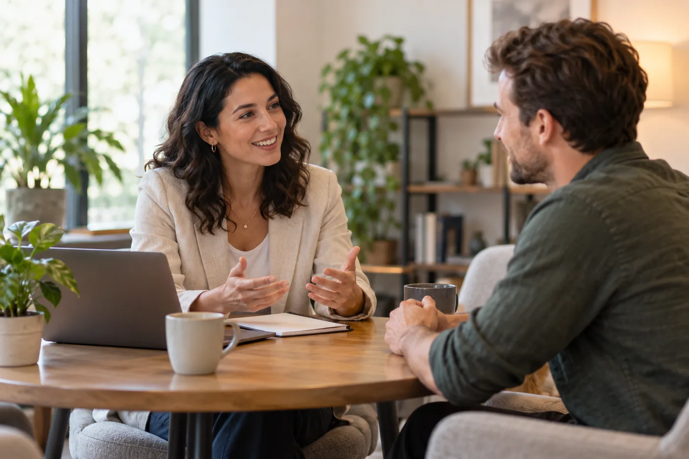 Two people in conversation across a table
